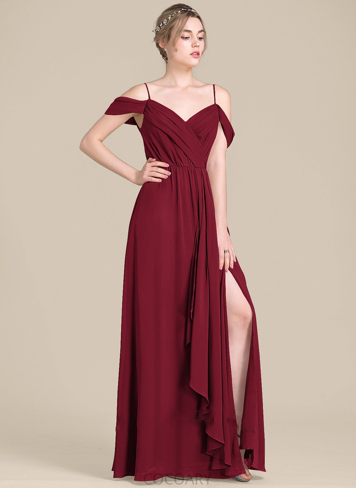 Bow(s) Embellishment Neckline V-neck Silhouette Floor-Length CascadingRuffles Length A-Line Fabric SplitFront Haylie Bridesmaid Dresses