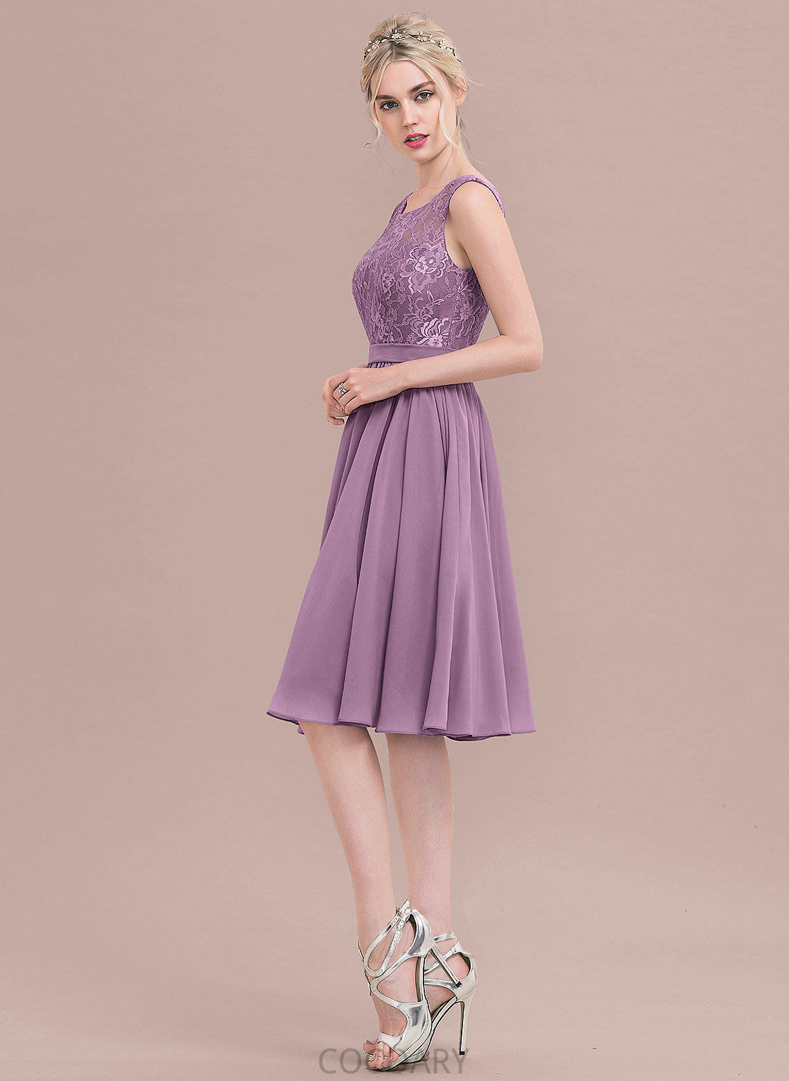 A-Line SquareNeckline Lace Fabric Knee-Length Length Neckline Straps Silhouette Mckinley Bridesmaid Dresses