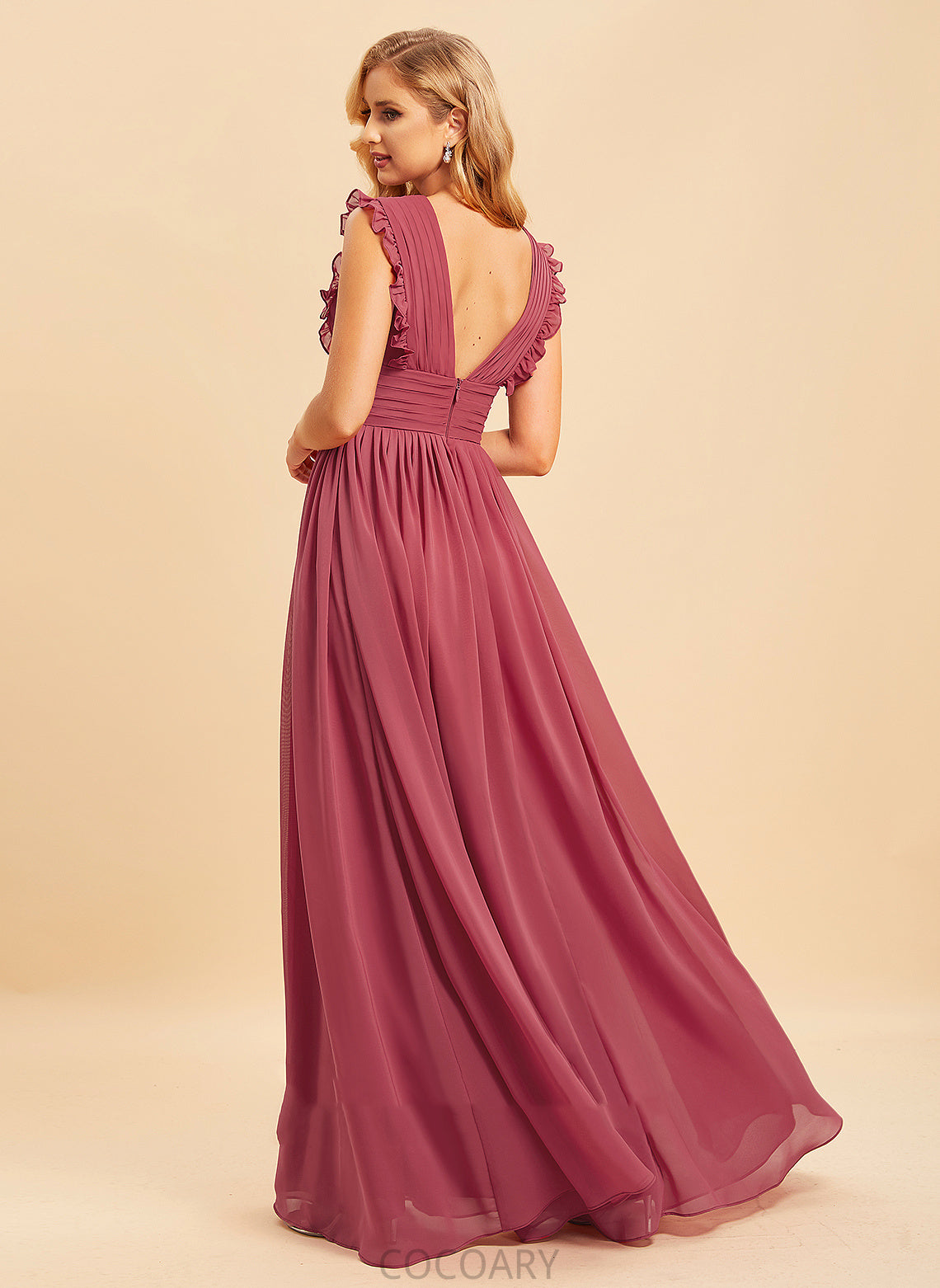 Neckline V-neck Silhouette Fabric Length SplitFront Ruffle Floor-Length Embellishment A-Line Catalina Sleeveless Bridesmaid Dresses