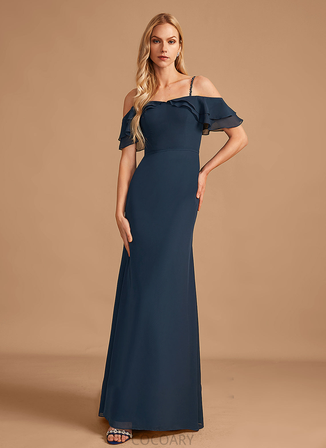 Beading Sheath/Column Neckline Floor-Length Ruffle Fabric Silhouette Embellishment Off-the-Shoulder Length Kenna A-Line/Princess Bridesmaid Dresses