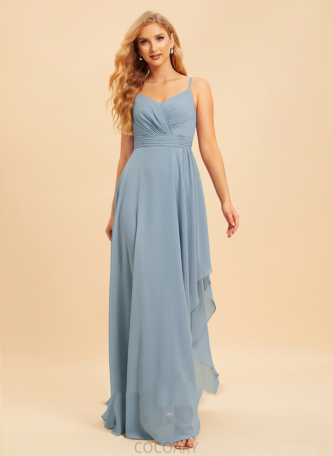 Ruffle A-Line Length Fabric Asymmetrical Silhouette Neckline Embellishment V-neck Sonia Sleeveless Spaghetti Staps Bridesmaid Dresses