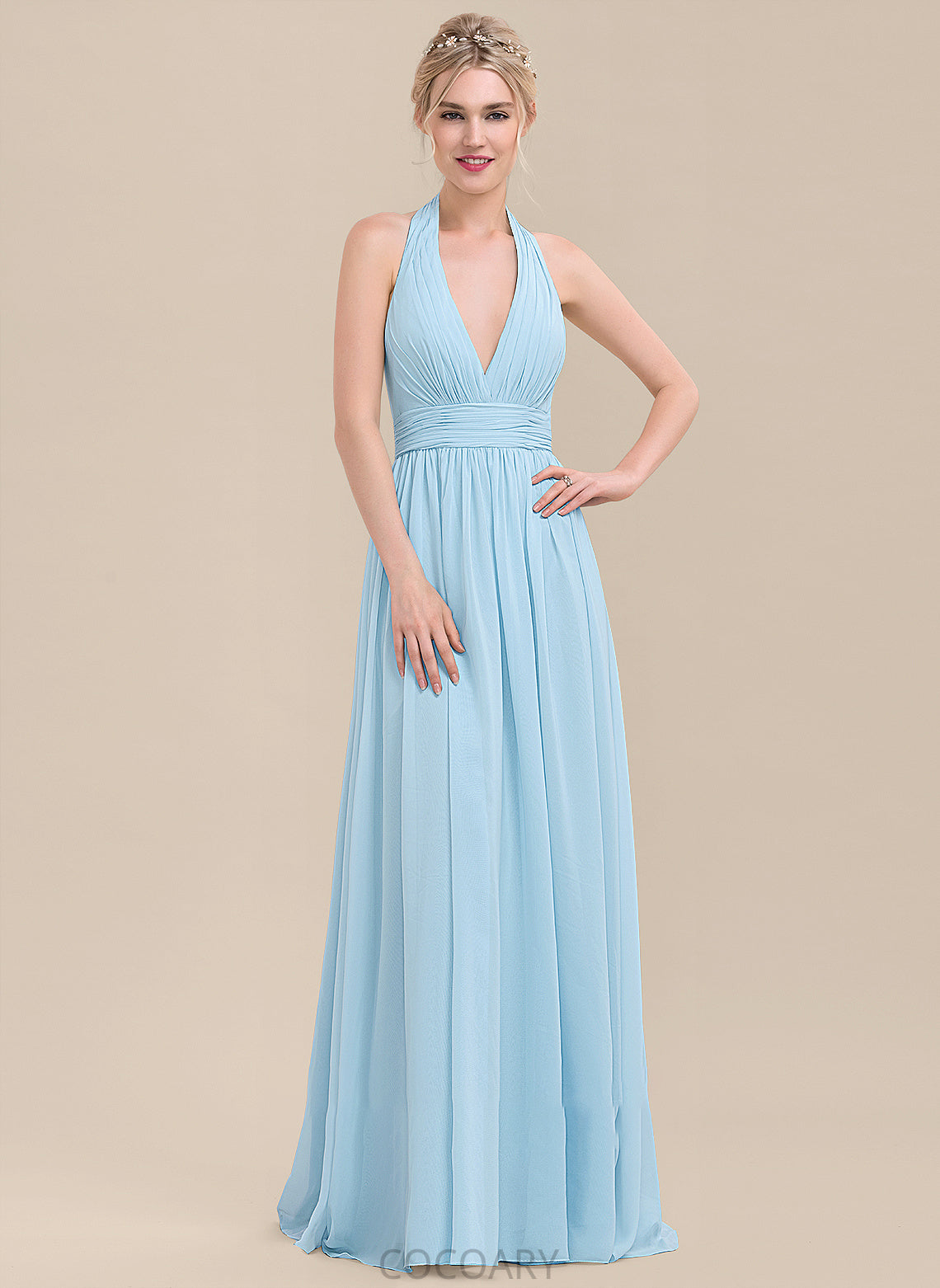 A-Line Silhouette Embellishment Ruffle Length Neckline Fabric Floor-Length Halter Jillian A-Line/Princess Natural Waist Bridesmaid Dresses