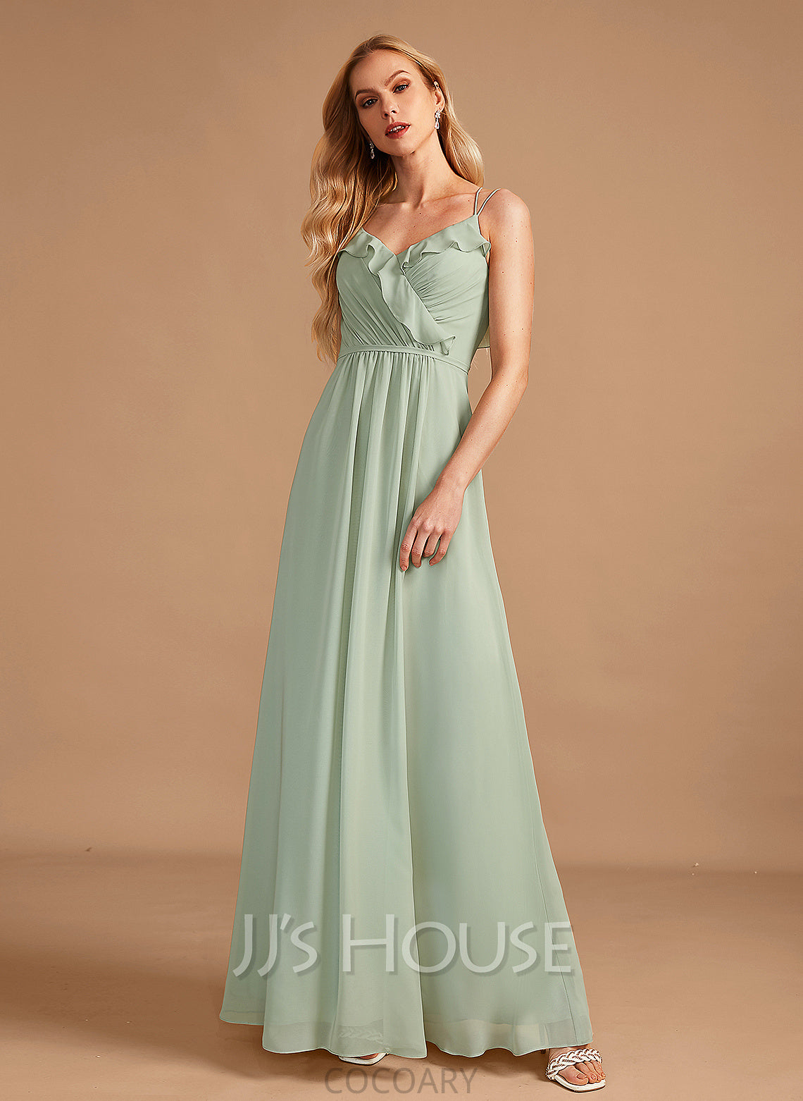 V-neck Length Silhouette Neckline Floor-Length Embellishment Fabric Ruffle A-Line Ava Floor Length Sleeveless Bridesmaid Dresses