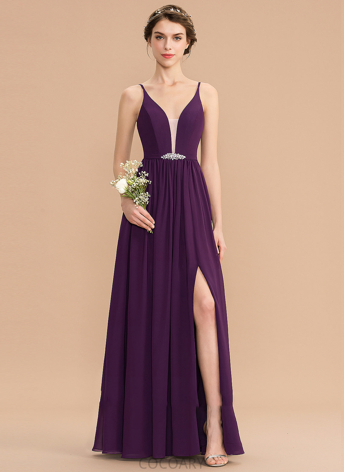 Sequins SplitFront Pockets V-neck Floor-Length Length Silhouette Fabric Beading A-Line Embellishment Neckline Bridesmaid Dresses