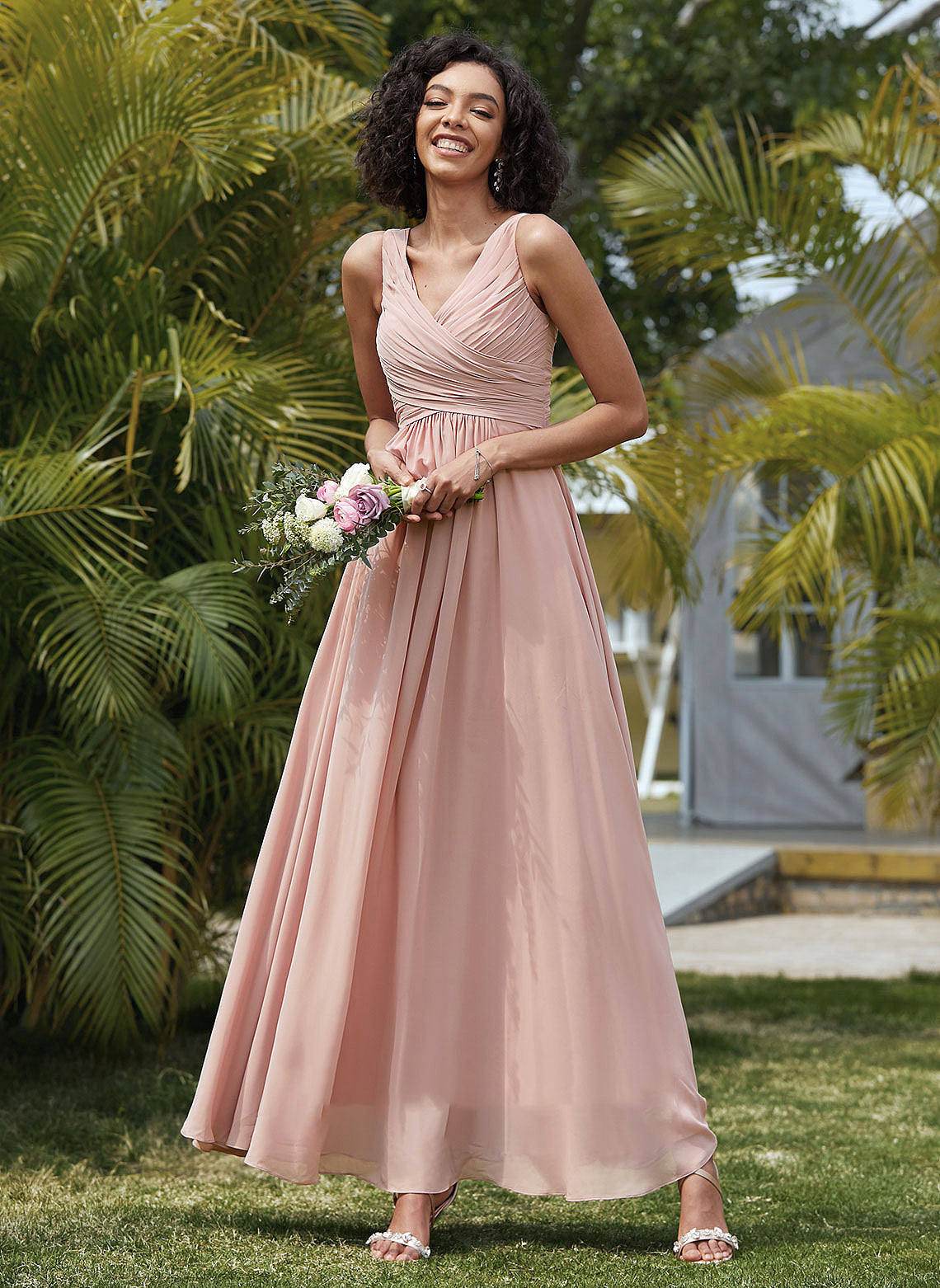 Embellishment Fabric A-Line Ruffle Floor-Length Neckline Silhouette V-neck Length Maya A-Line/Princess Floor Length Bridesmaid Dresses