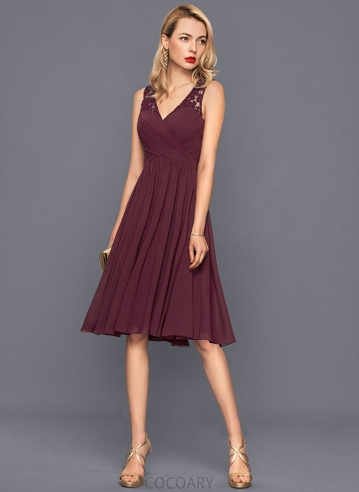 V-neck Silhouette Knee-Length Ruffle Fabric Neckline A-Line Length Embellishment Maren A-Line/Princess Short Sleeves Bridesmaid Dresses