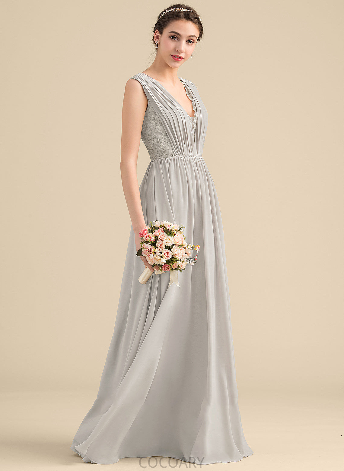 Silhouette V-neck A-Line Length Fabric Ruffle Floor-Length Neckline Embellishment Jo Natural Waist Floor Length Bridesmaid Dresses