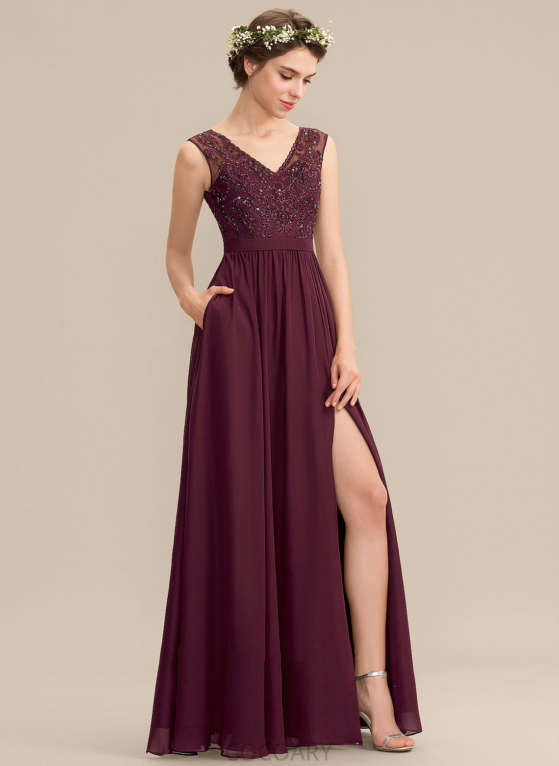 Embellishment Pockets Floor-Length A-Line Fabric V-neck Neckline Beading Sequins Silhouette Length SplitFront Bridesmaid Dresses