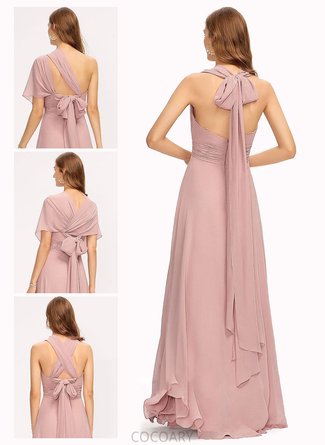 Silhouette A-Line Length Floor-Length Embellishment Neckline Halter One-Shoulder Ruffle V-neck Fabric Shyanne Bridesmaid Dresses