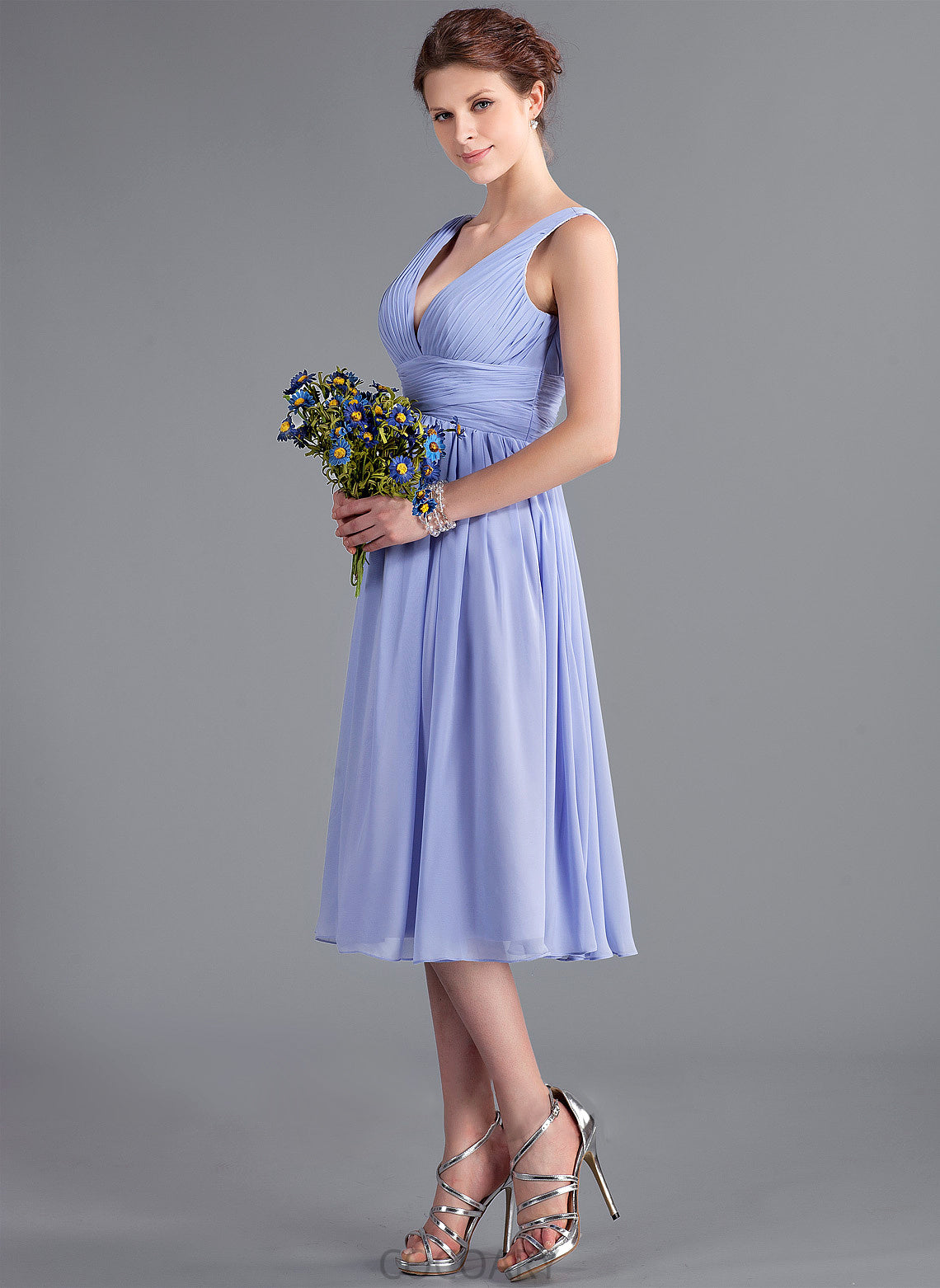 A-Line Embellishment Silhouette Ruffle Fabric Neckline Length Tea-Length V-neck Thirza Floor Length Natural Waist Bridesmaid Dresses