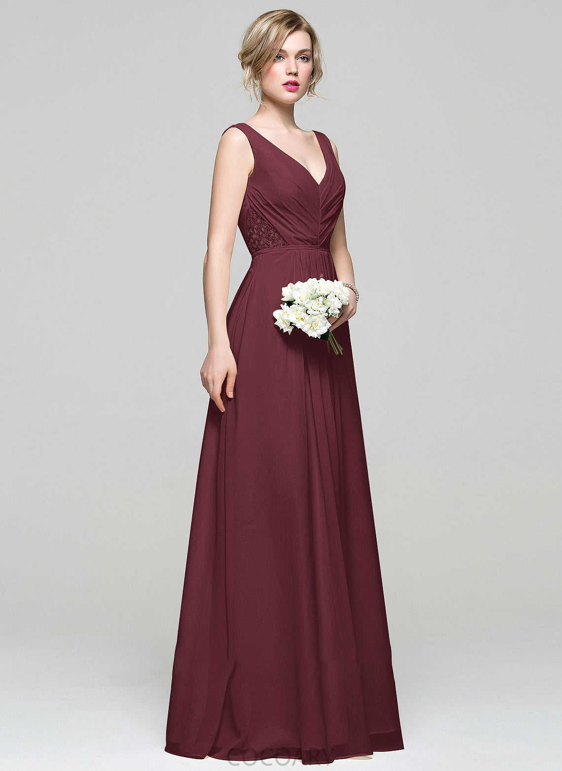 Fabric Floor-Length A-Line Embellishment Beading V-neck Lace Length Neckline Silhouette Sequins Ruffle Bridesmaid Dresses