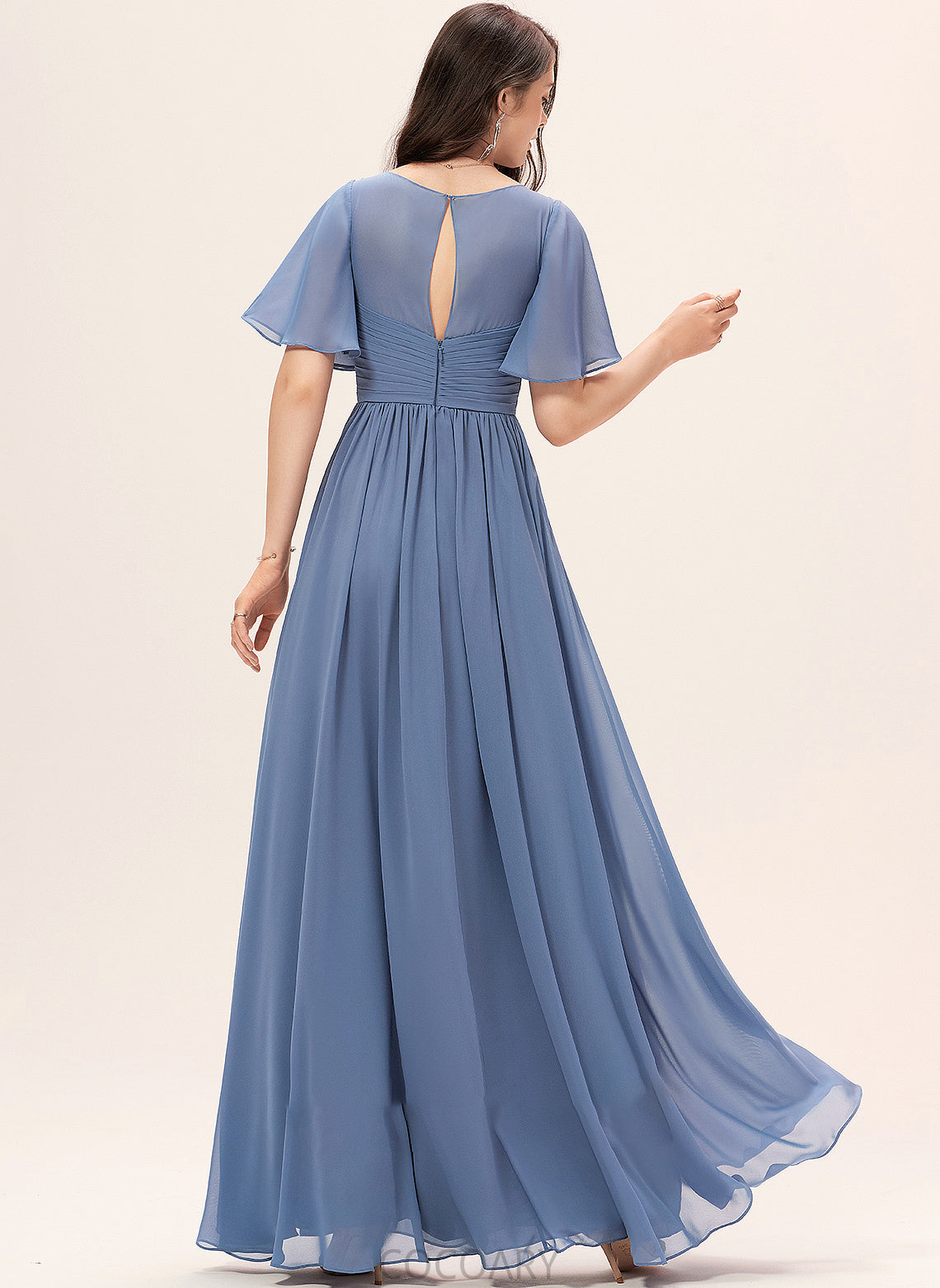 V-neck A-Line Fabric Ruffle Neckline Floor-Length Embellishment Length Silhouette Micah Floor Length Sleeveless Bridesmaid Dresses