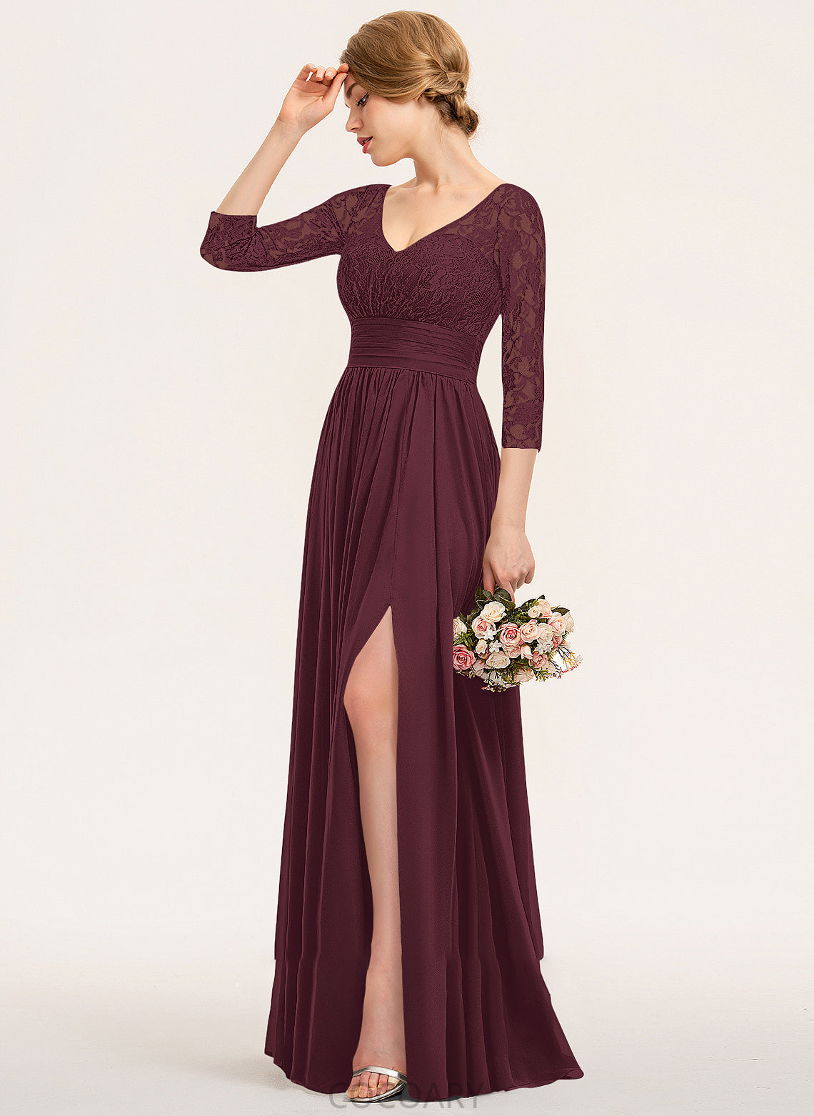 Floor-Length Fabric Neckline Silhouette A-Line SplitFront Embellishment Length Ruffle V-neck Rowan Straps Bridesmaid Dresses