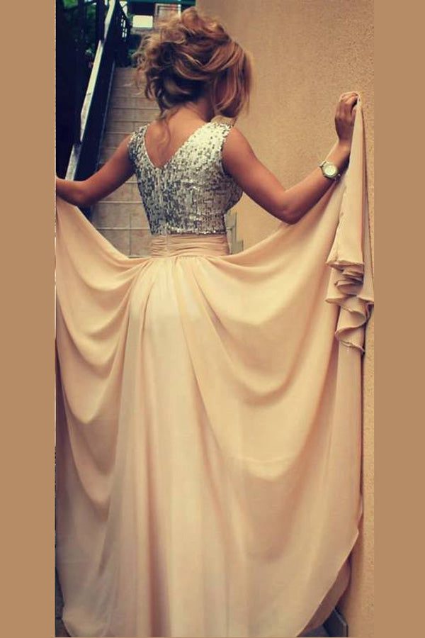 Blush A Line Floor Length V Neck Sleevless Sparkle Prom Dresses