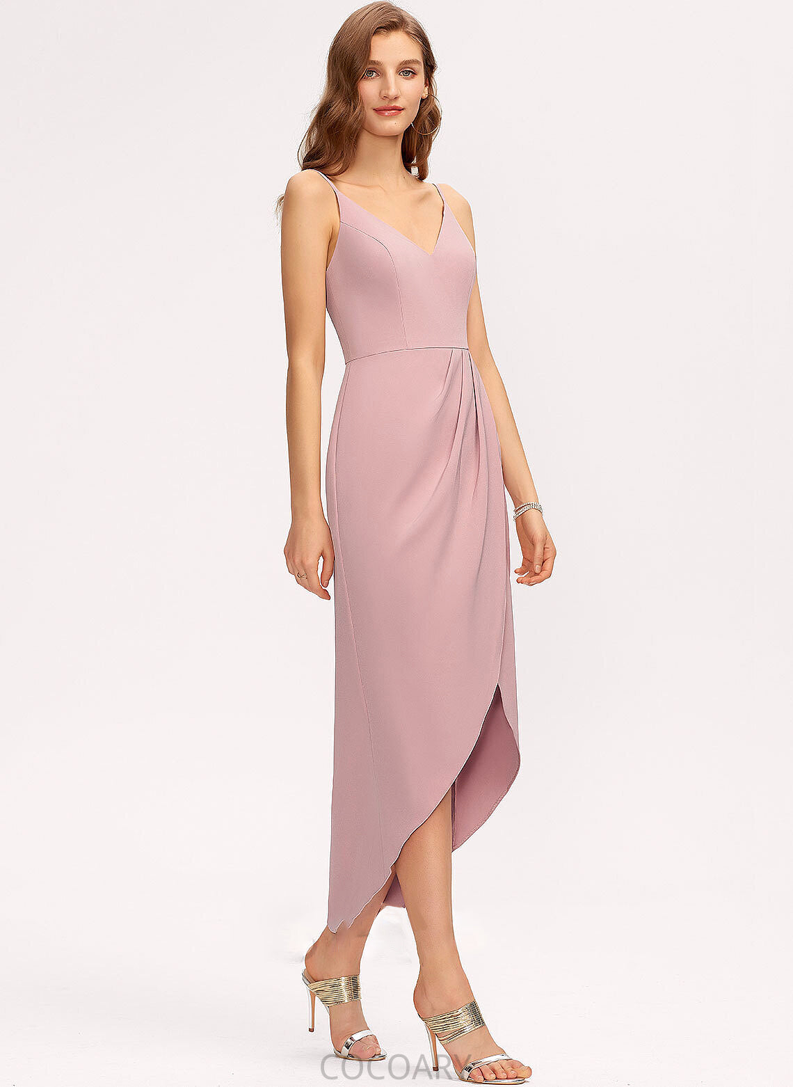 V-neck Silhouette Neckline Length Straps Asymmetrical SpaghettiStraps Sleeve Sheath/Column Kinsley Sleeveless V-Neck Bridesmaid Dresses