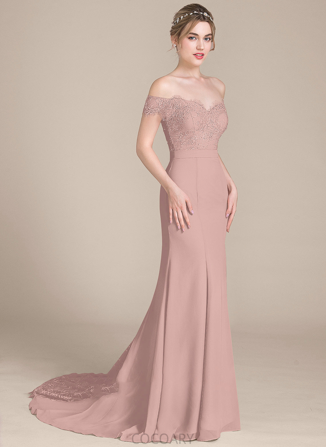 Silhouette Length Embellishment Neckline Sequins Off-the-Shoulder Trumpet/Mermaid CourtTrain Fabric Tabitha A-Line/Princess Natural Waist Bridesmaid Dresses