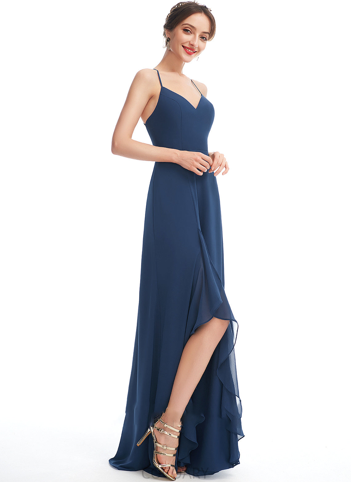 A-Line Floor-Length Silhouette Fabric Ruffle Length Neckline SplitFront Embellishment V-neck Adison Natural Waist Bridesmaid Dresses