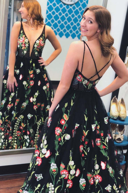 Gorgeous A-line V-neck Black Floral Embroidered Backless Long Prom Dresses