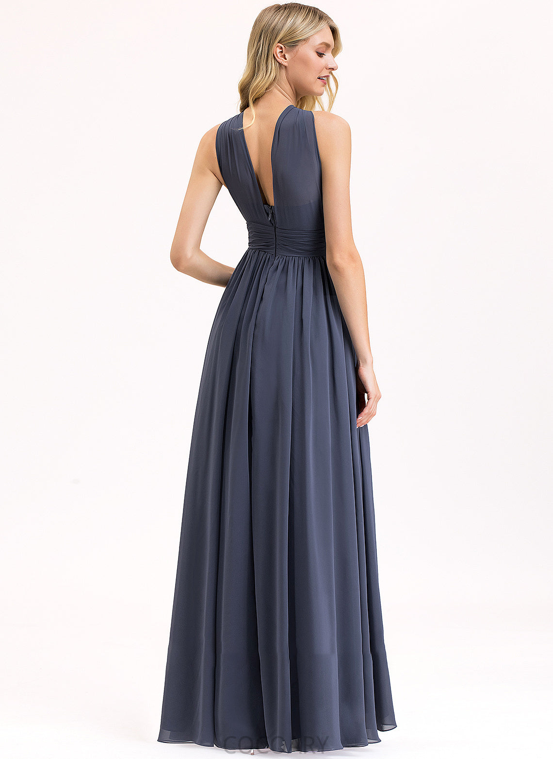 V-neck Ruffle A-Line Neckline Embellishment Floor-Length SplitFront Silhouette Length Fabric Lilith Sleeveless Bridesmaid Dresses