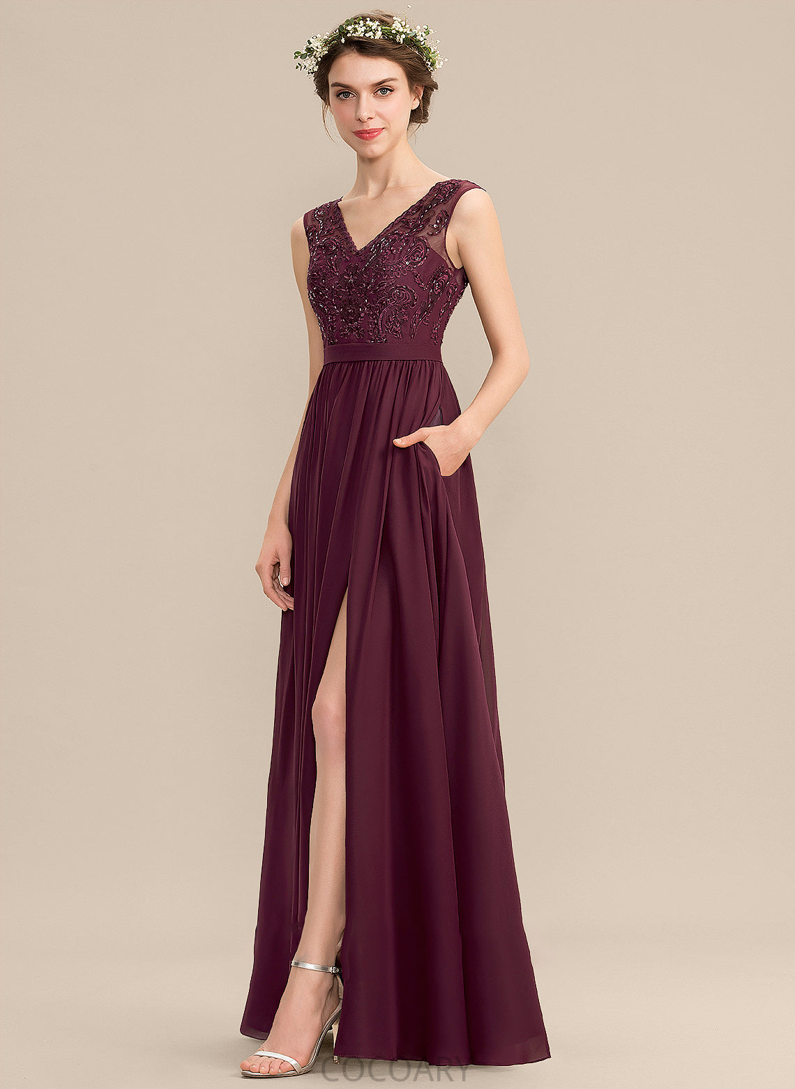 Neckline Silhouette Sequins SplitFront Pockets Fabric A-Line Embellishment Length V-neck Beading Floor-Length Bridesmaid Dresses