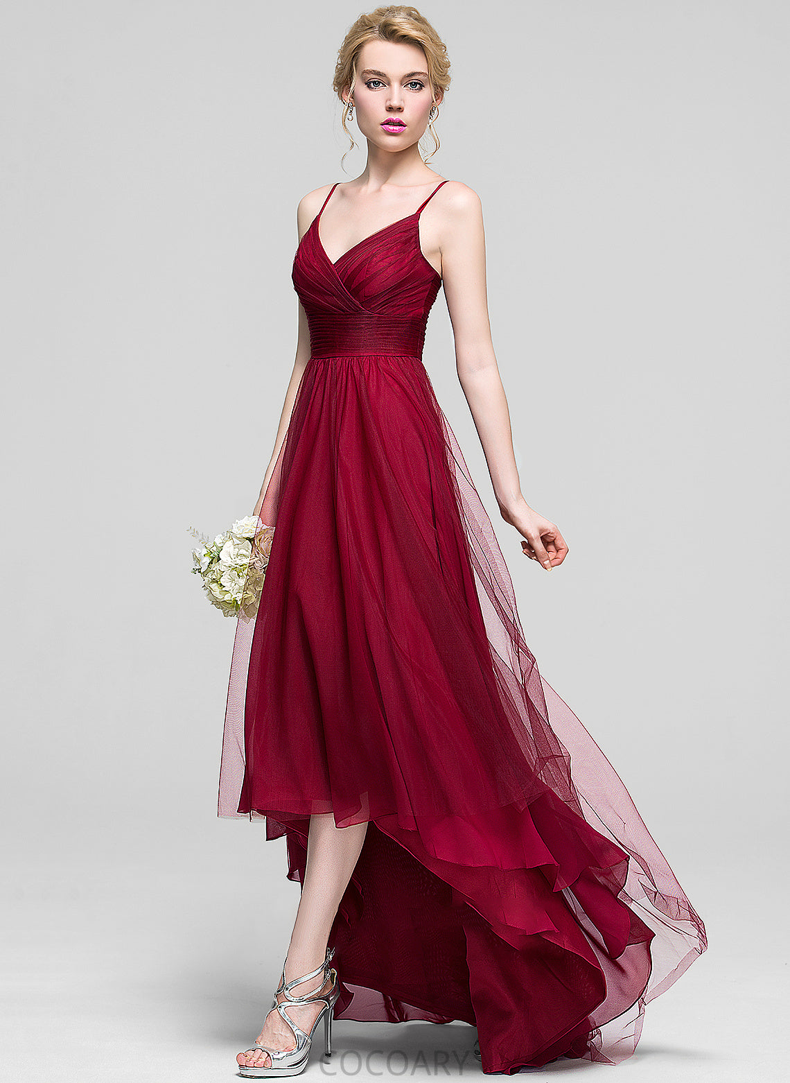 Ruffle Asymmetrical Length Fabric Silhouette V-neck A-Line Neckline Embellishment Yareli V-Neck Natural Waist Bridesmaid Dresses