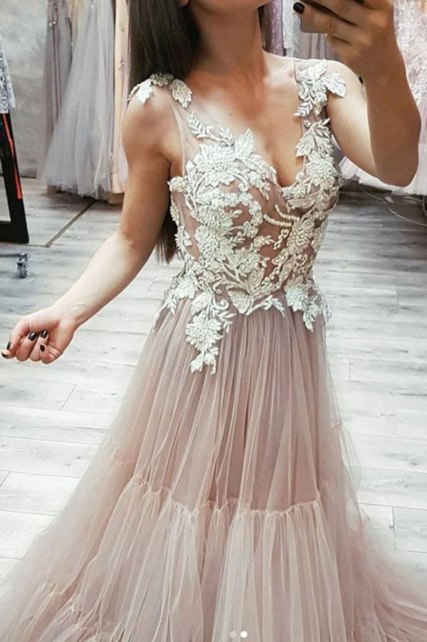 Impressive V Neck Sleeveless Tulle A Line Prom Dresses with Appliques