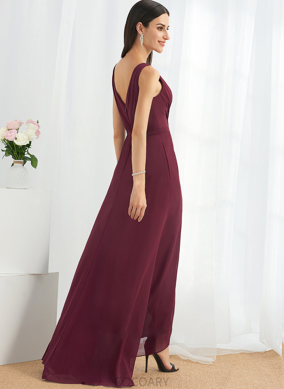 Embellishment A-Line Asymmetrical Silhouette V-neck Fabric SplitFront Length Neckline Adrienne Sleeveless Empire Waist Bridesmaid Dresses