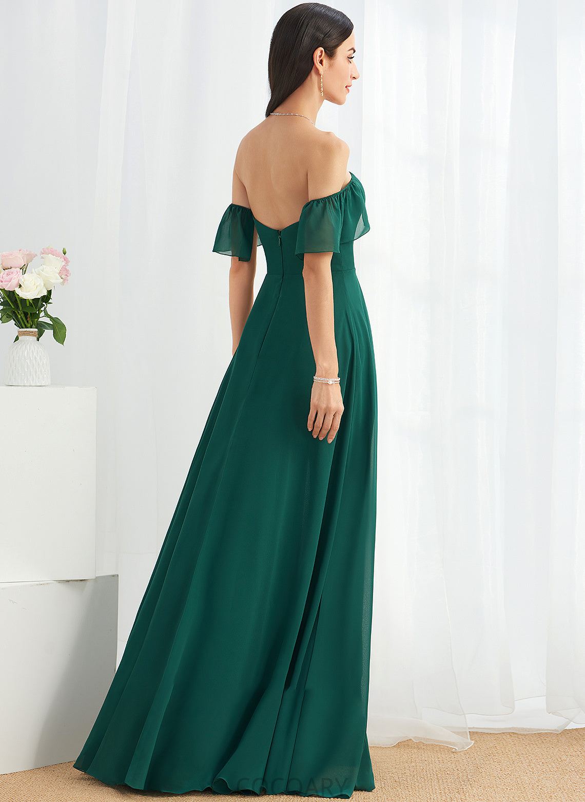 Neckline A-Line Embellishment Fabric Floor-Length Length SplitFront Off-the-Shoulder Silhouette Tracy A-Line/Princess Sleeveless Bridesmaid Dresses