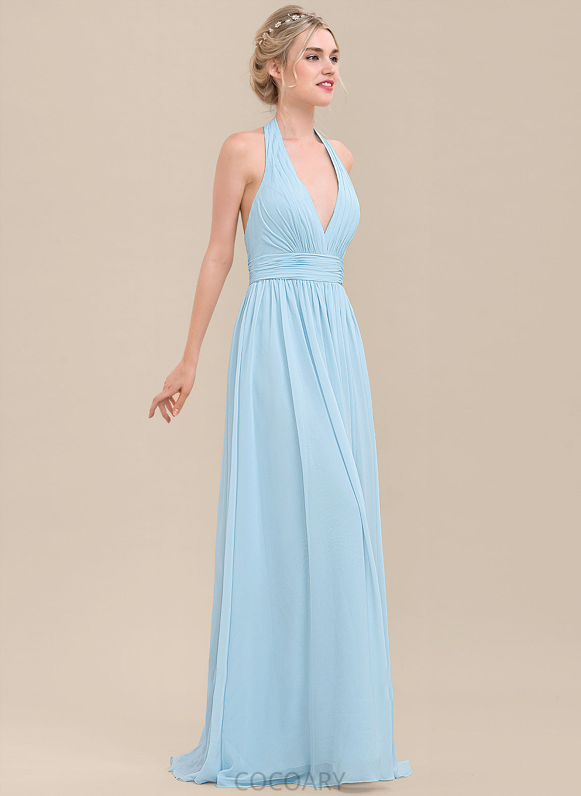 A-Line Silhouette Embellishment Ruffle Length Neckline Fabric Floor-Length Halter Jillian A-Line/Princess Natural Waist Bridesmaid Dresses