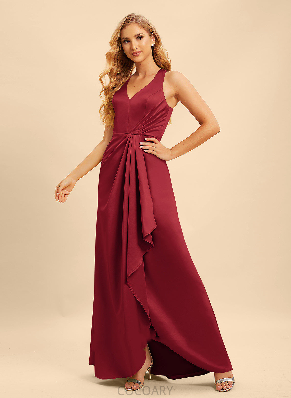 Fabric Ruffle Floor-Length SplitFront A-Line Neckline Length V-neck Silhouette Embellishment Celia Natural Waist Bridesmaid Dresses