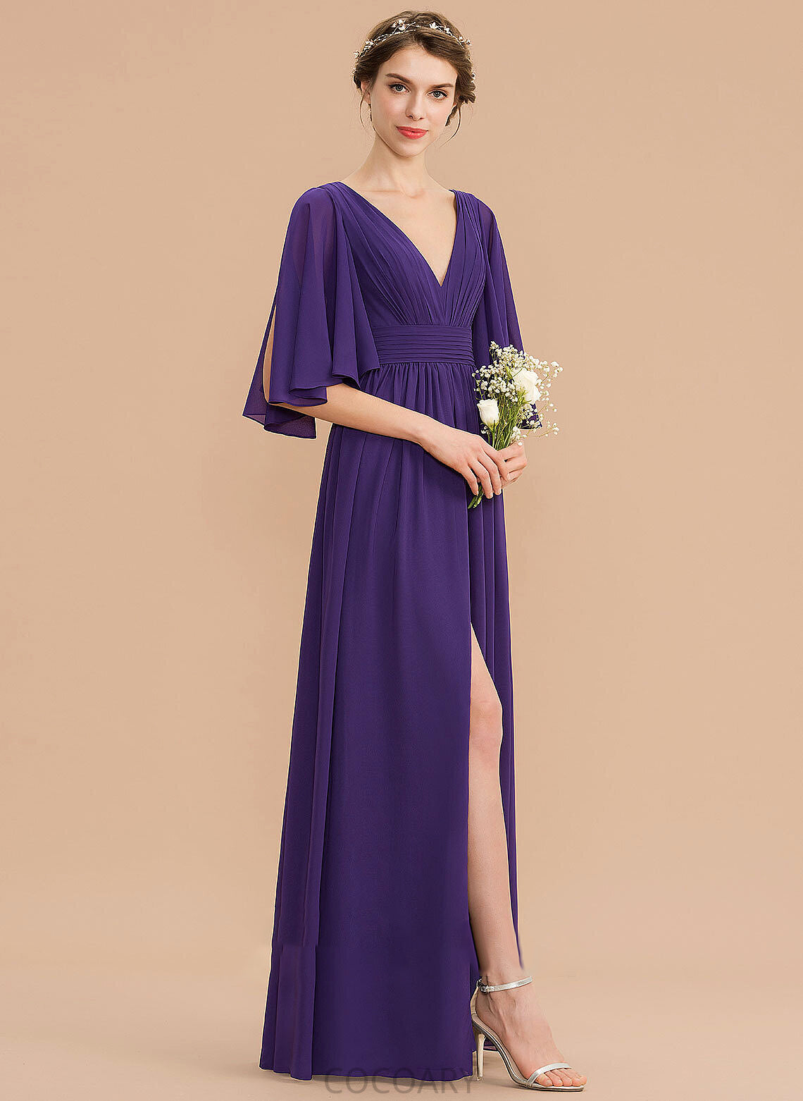 A-Line V-neck Fabric SplitFront Neckline Floor-Length Bow(s) Embellishment Length Silhouette Ruffle Shaylee Bridesmaid Dresses