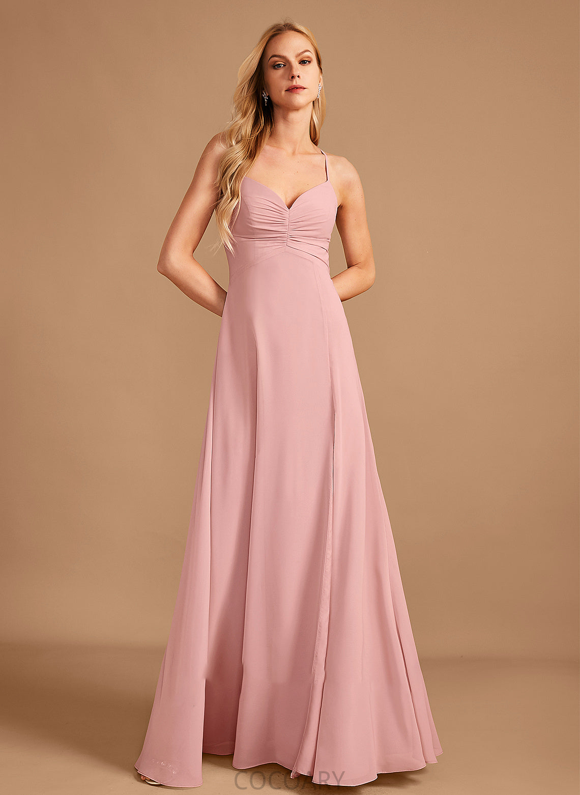 A-Line Floor-Length Embellishment V-neck Fabric SplitFront Neckline Length Silhouette Savanna Spaghetti Staps Sleeveless Bridesmaid Dresses