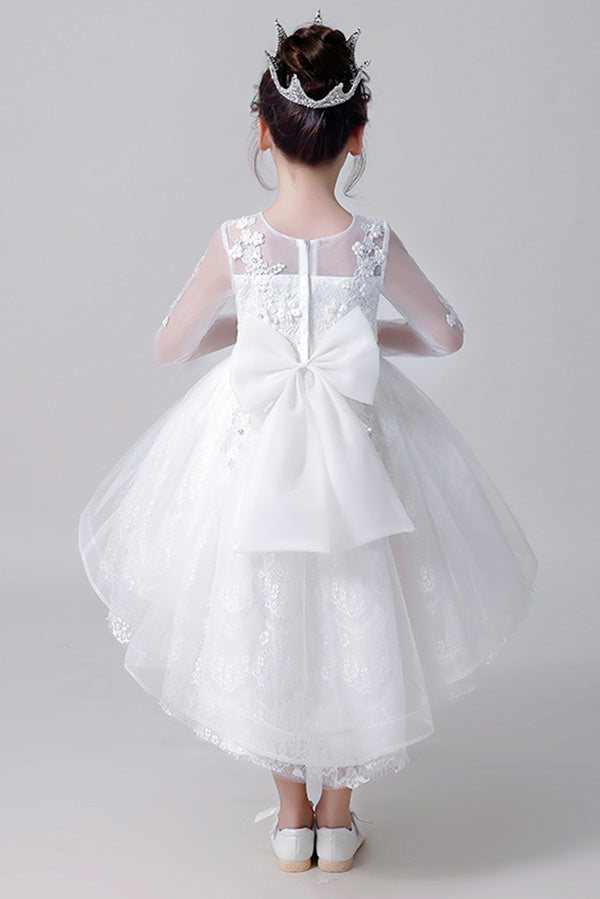 Round Neck Long sleeves Appliques With Beaded High Low Flower Girl Dresses