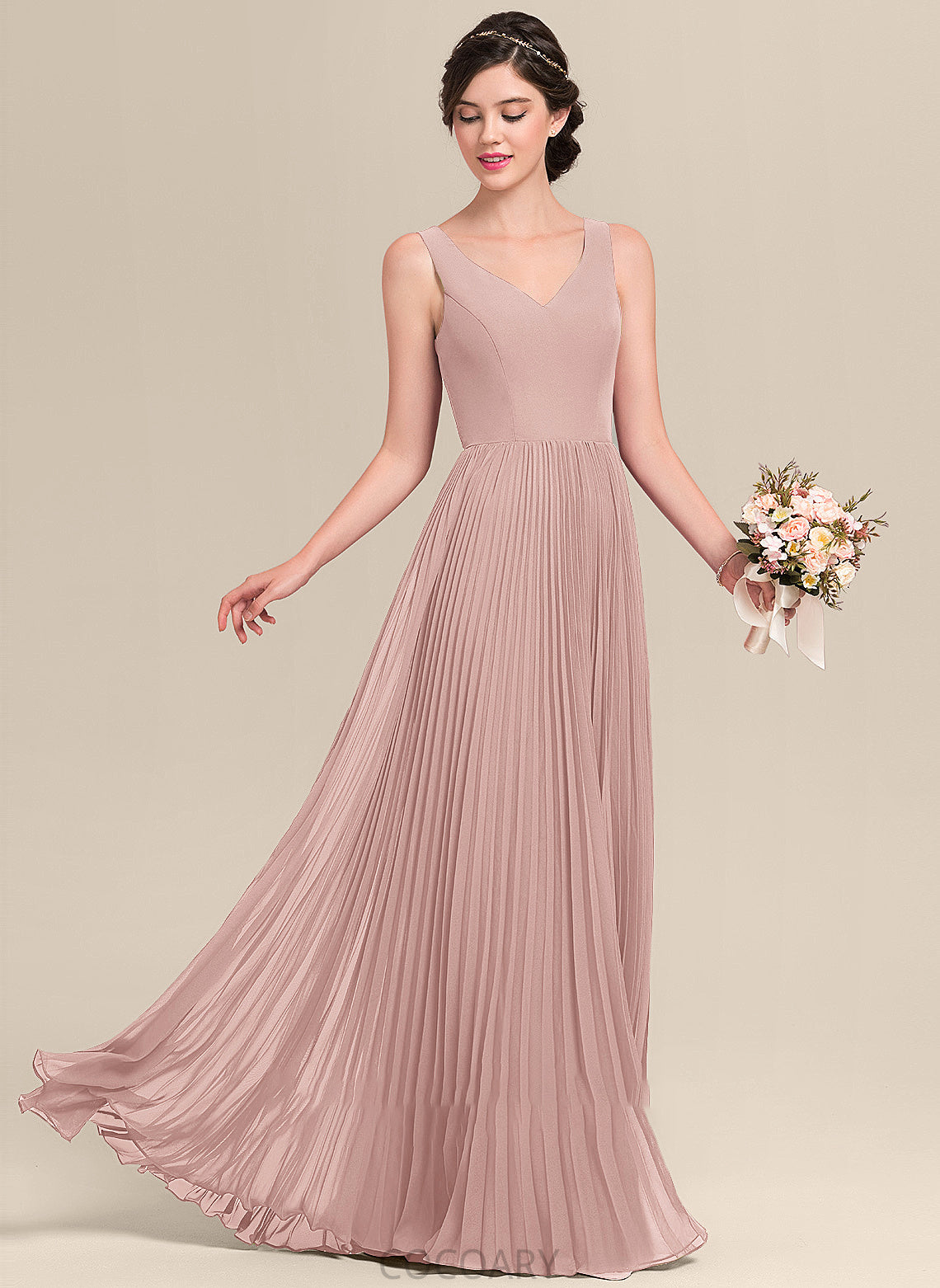 SplitFront Embellishment V-neck Pleated Neckline Length A-Line Silhouette Floor-Length Fabric Carley Natural Waist Bridesmaid Dresses