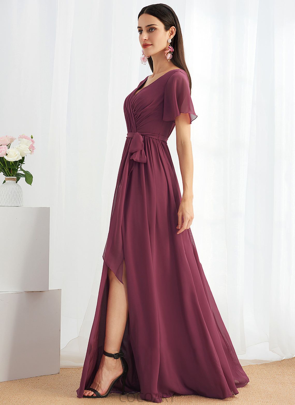 Neckline Length SplitFront V-neck Embellishment Fabric A-Line Silhouette Floor-Length Amy V-Neck A-Line/Princess Bridesmaid Dresses