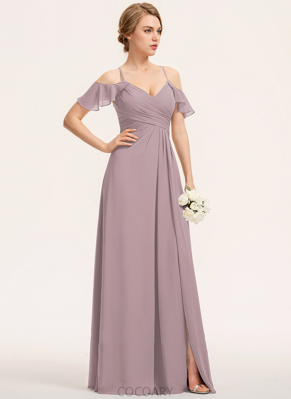 Fabric Length Silhouette CascadingRuffles Floor-Length SplitFront A-Line Ruffle Neckline Embellishment V-neck Nyla Bridesmaid Dresses