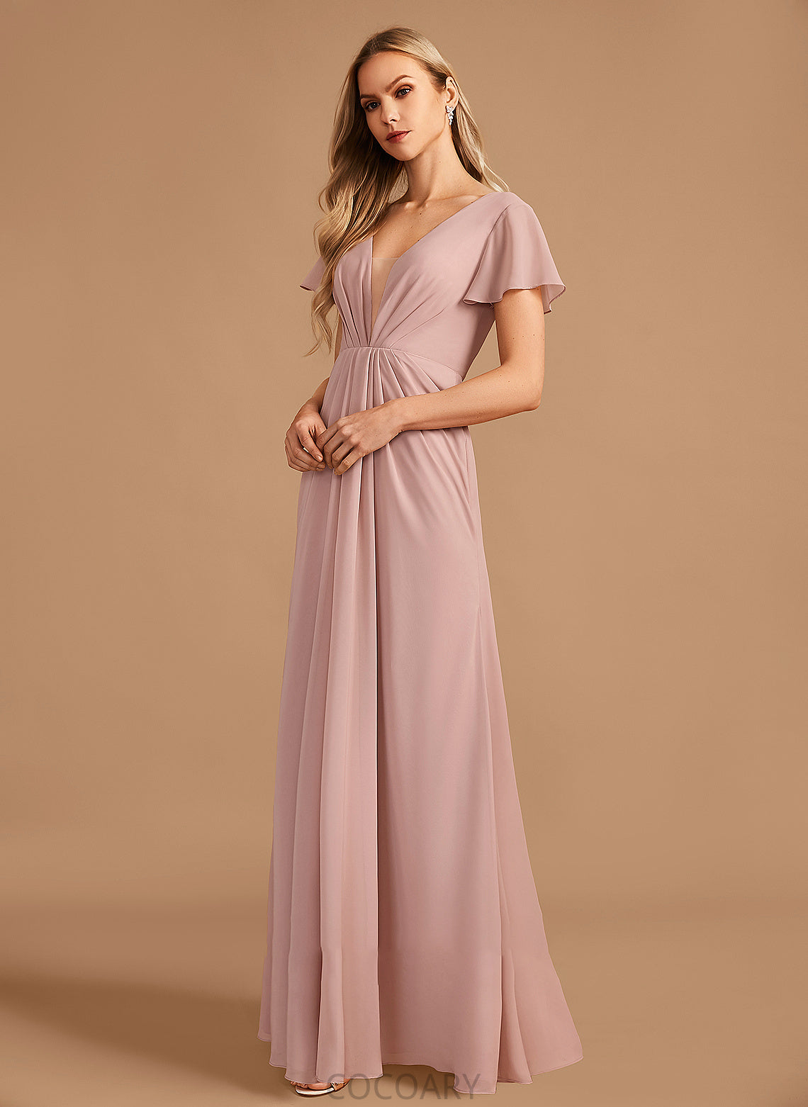 Ruffle A-Line Fabric Embellishment Neckline Silhouette V-neck Floor-Length Length Allyson Straps A-Line/Princess Bridesmaid Dresses