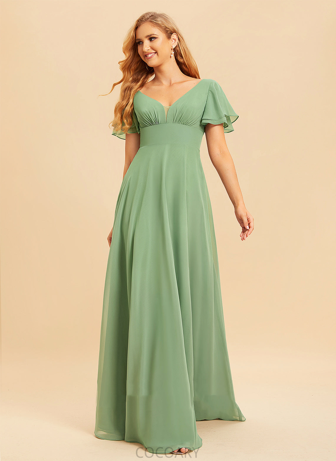 Ruffle A-Line Embellishment Length V-neck Neckline SplitFront Silhouette Floor-Length Fabric Nathalie Bridesmaid Dresses