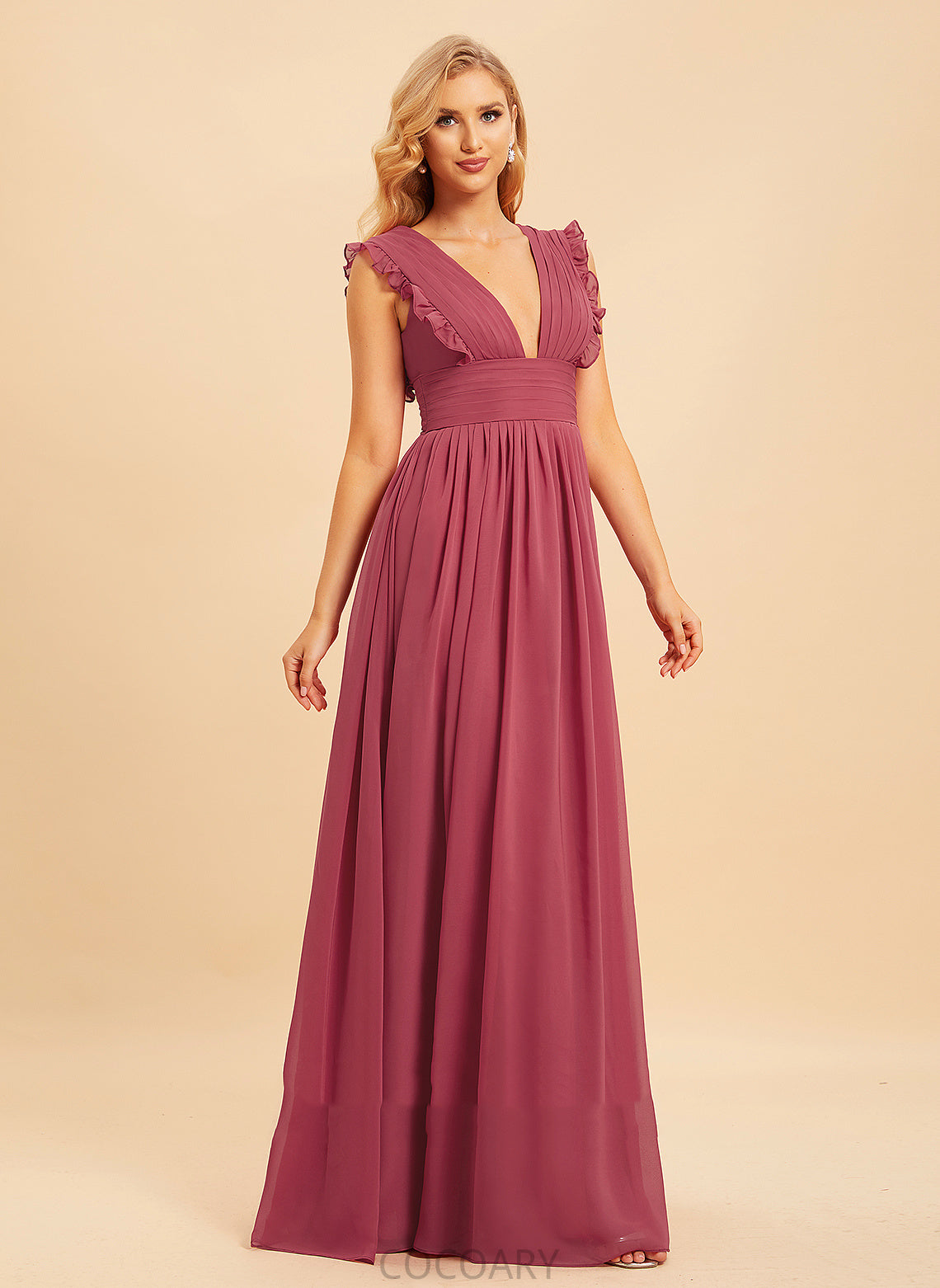 Neckline V-neck Silhouette Fabric Length SplitFront Ruffle Floor-Length Embellishment A-Line Catalina Sleeveless Bridesmaid Dresses