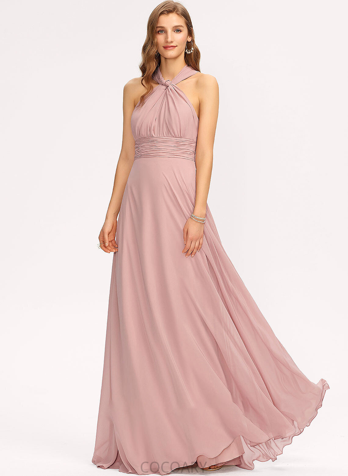 Silhouette A-Line Length Floor-Length Embellishment Neckline Halter One-Shoulder Ruffle V-neck Fabric Shyanne Bridesmaid Dresses