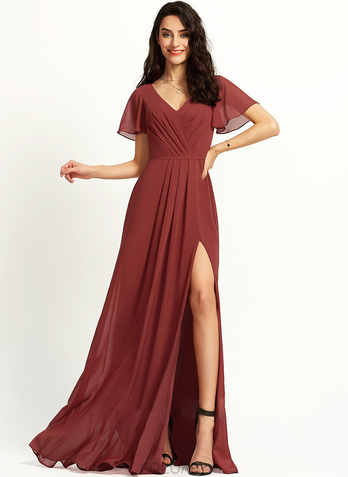 Fabric SplitFront V-neck A-Line Silhouette Length Neckline Floor-Length Embellishment Beatrice Floor Length Sleeveless Bridesmaid Dresses