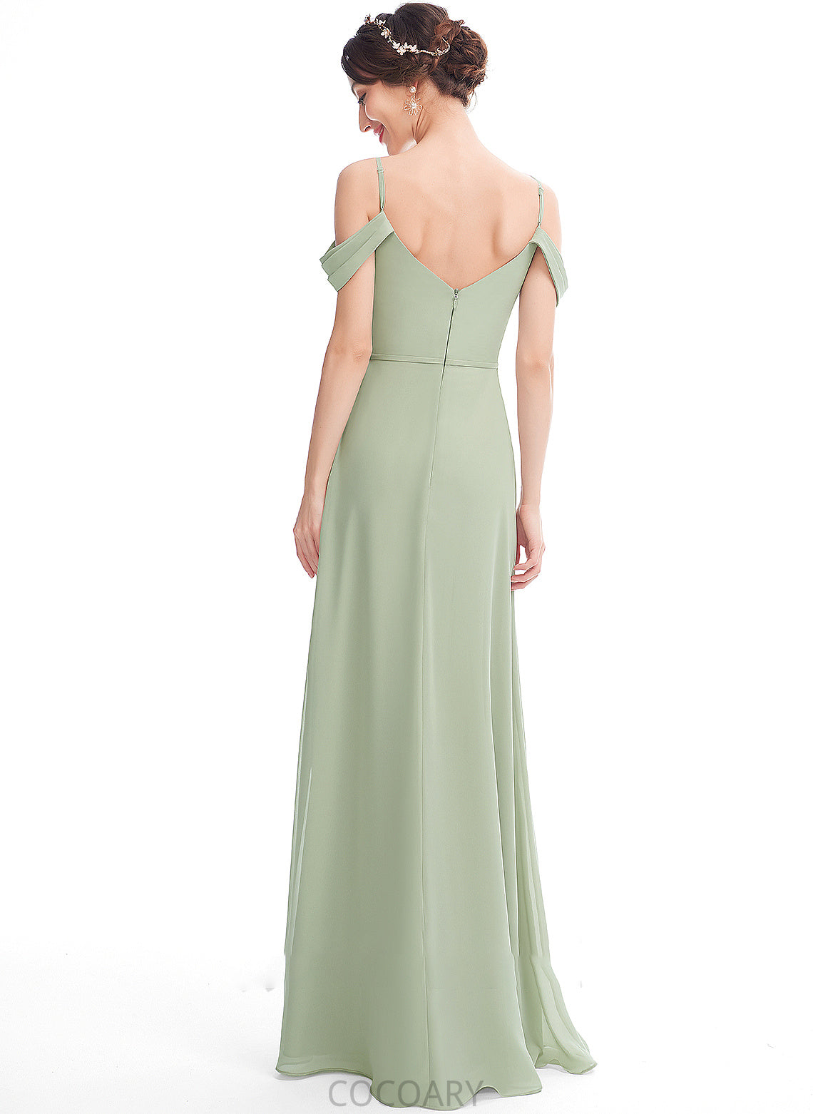 A-Line V-neck Silhouette SplitFront Length Ruffle Floor-Length Fabric Neckline Embellishment Mercedes Floor Length Bridesmaid Dresses