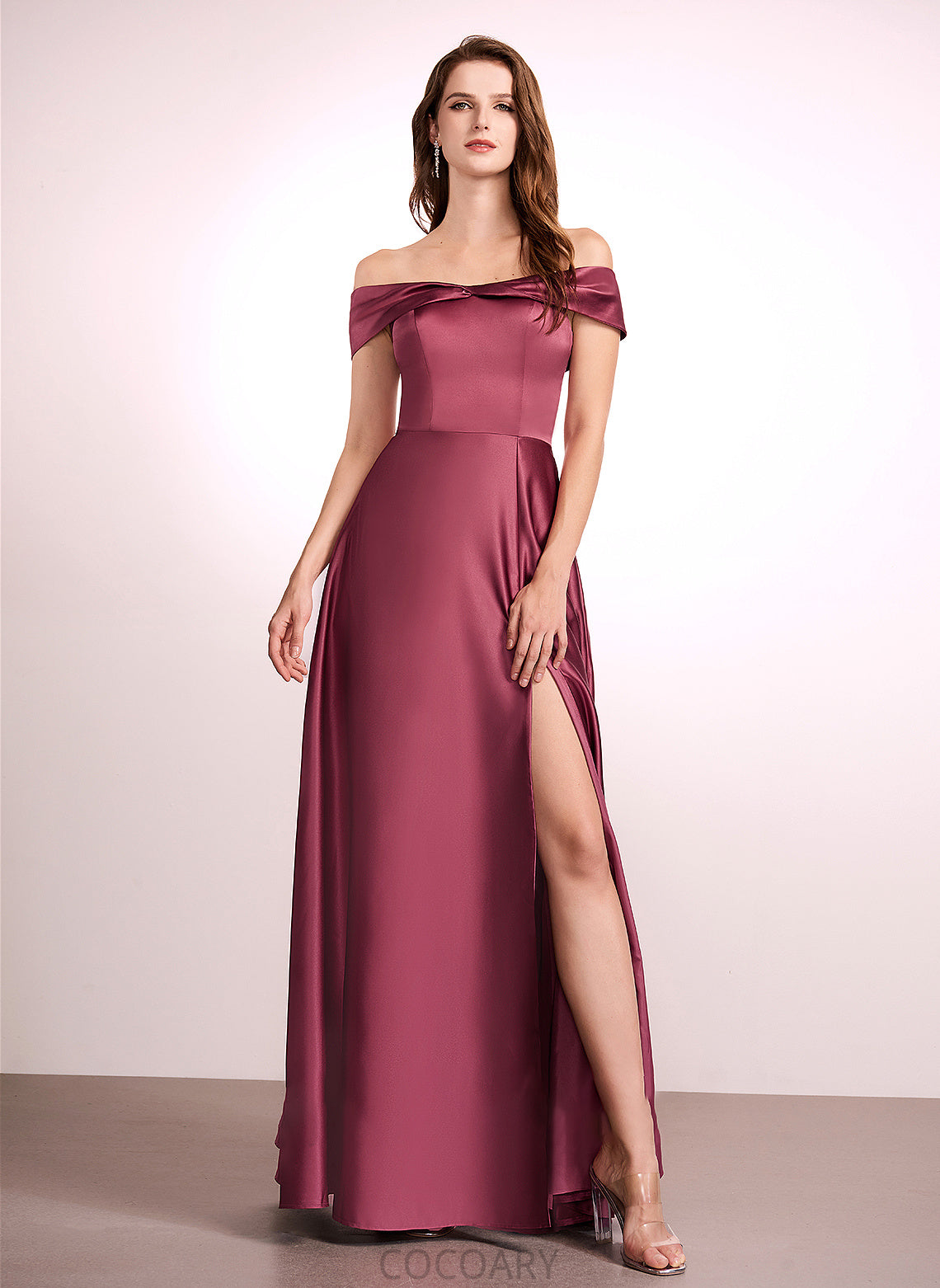 Off-the-Shoulder A-Line Fabric Floor-Length Length SplitFront Silhouette Neckline Embellishment Destiney Natural Waist V-Neck Bridesmaid Dresses