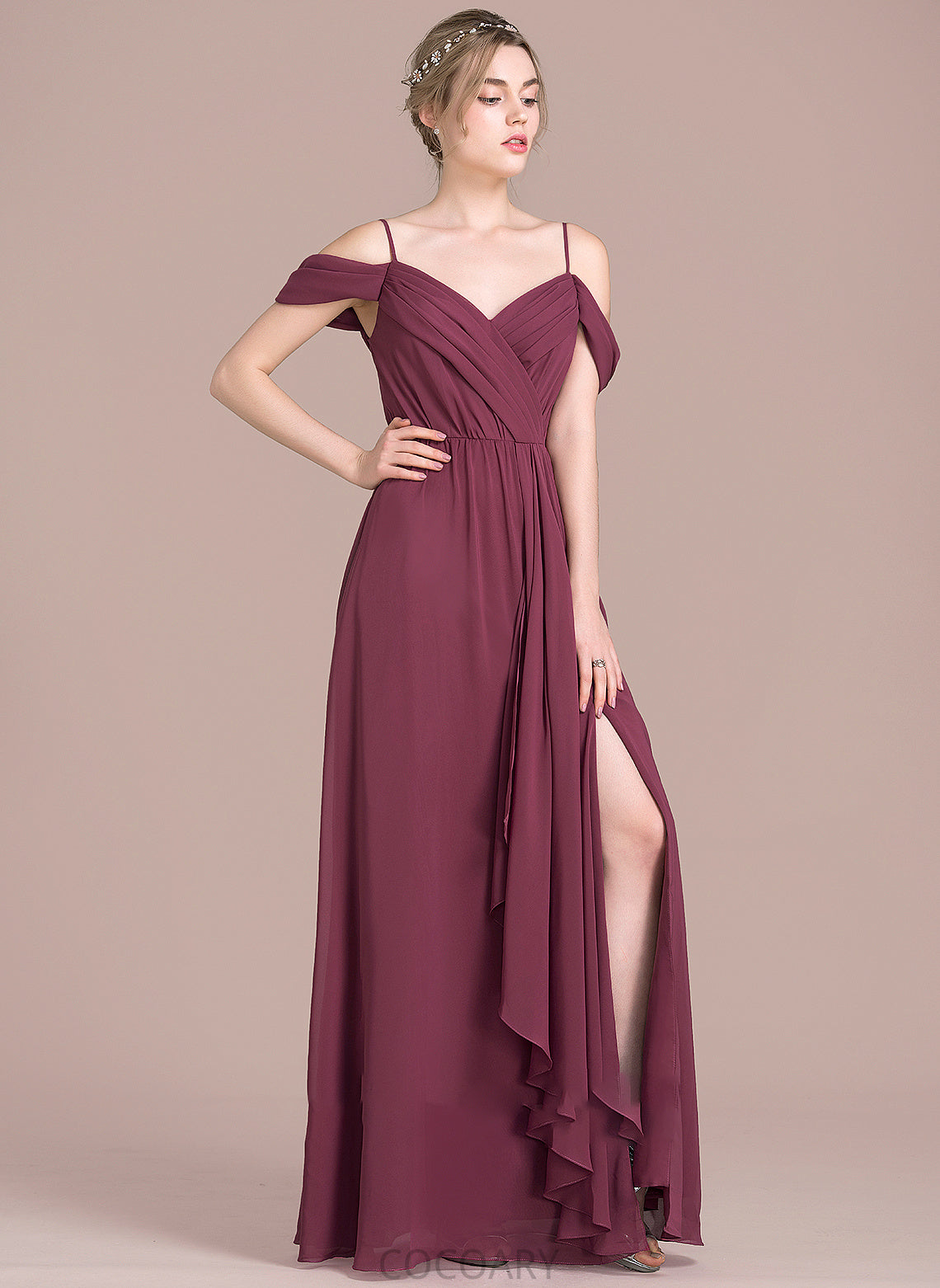 Bow(s) Embellishment Neckline V-neck Silhouette Floor-Length CascadingRuffles Length A-Line Fabric SplitFront Haylie Bridesmaid Dresses