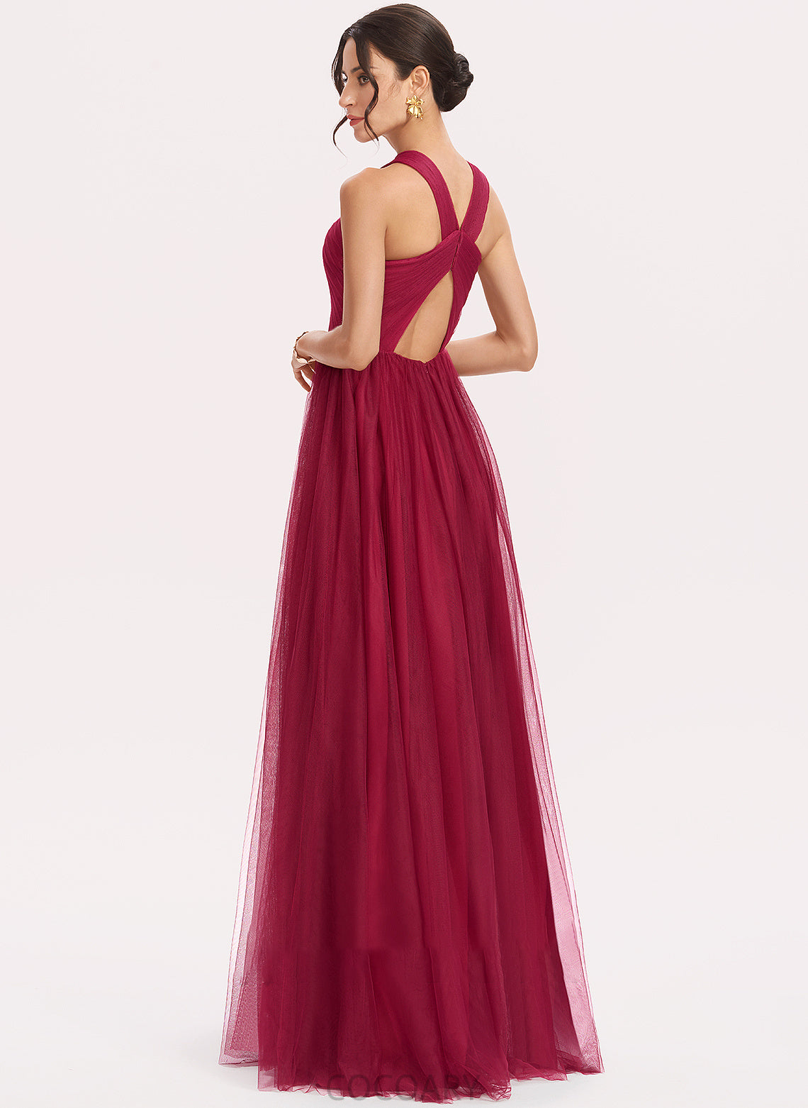 Fabric Neckline A-Line Floor-Length Silhouette Embellishment Length Halter Ruffle Amelie V-Neck Floor Length Bridesmaid Dresses