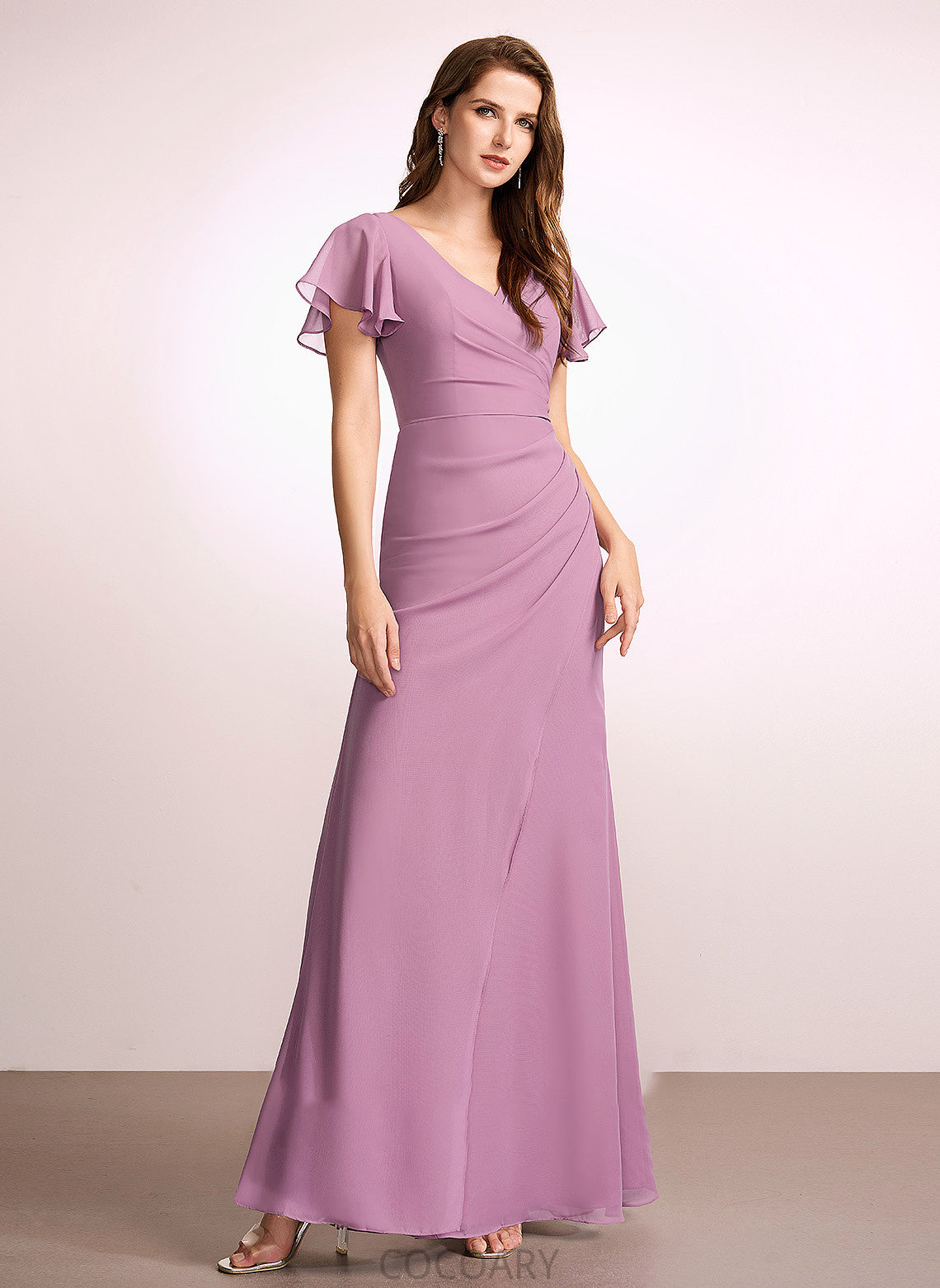 Length Fabric Neckline Embellishment Ruffle V-neck Silhouette Floor-Length Sheath/Column Chana Sleeveless A-Line/Princess Bridesmaid Dresses