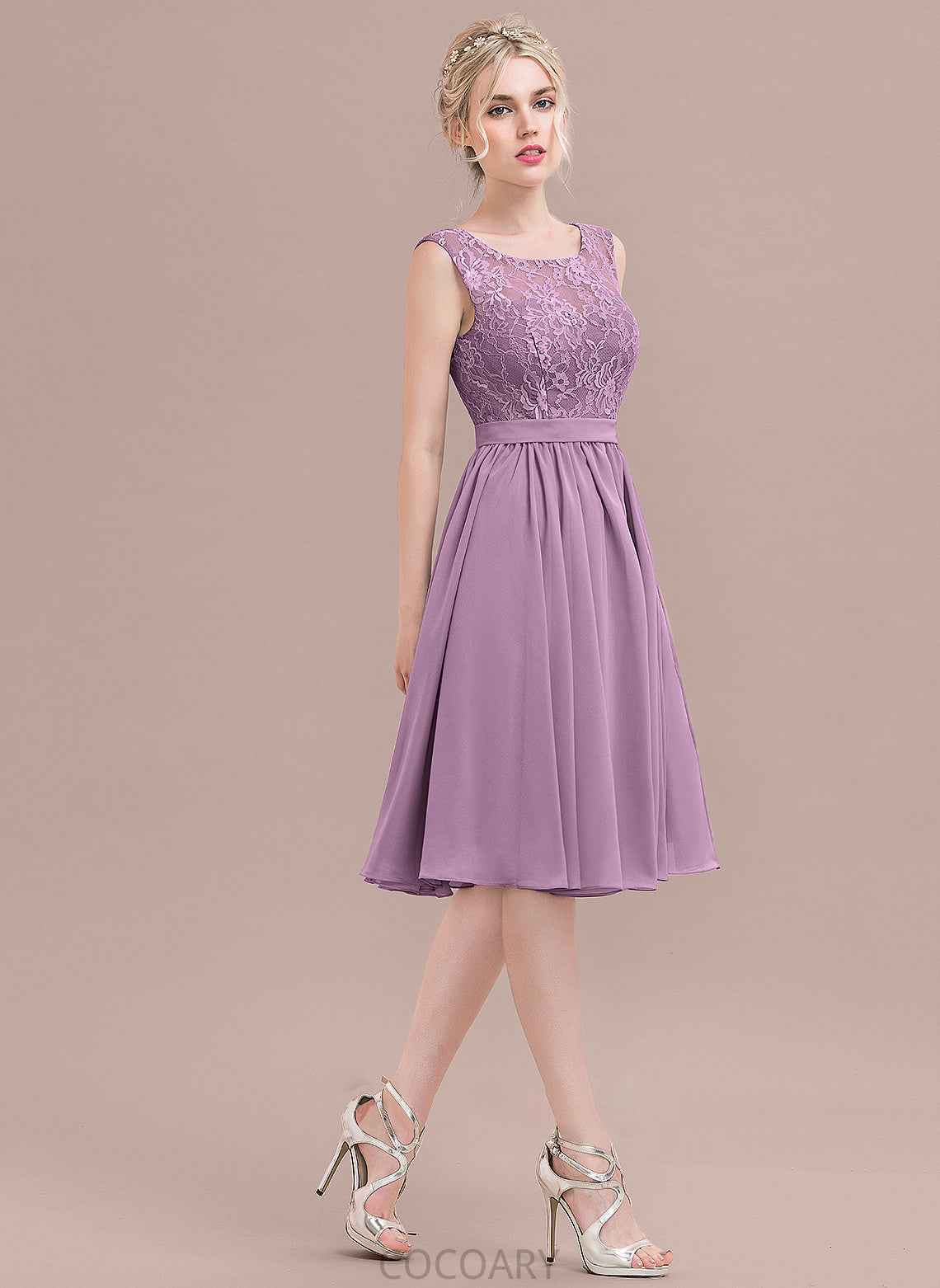 A-Line SquareNeckline Lace Fabric Knee-Length Length Neckline Straps Silhouette Mckinley Bridesmaid Dresses