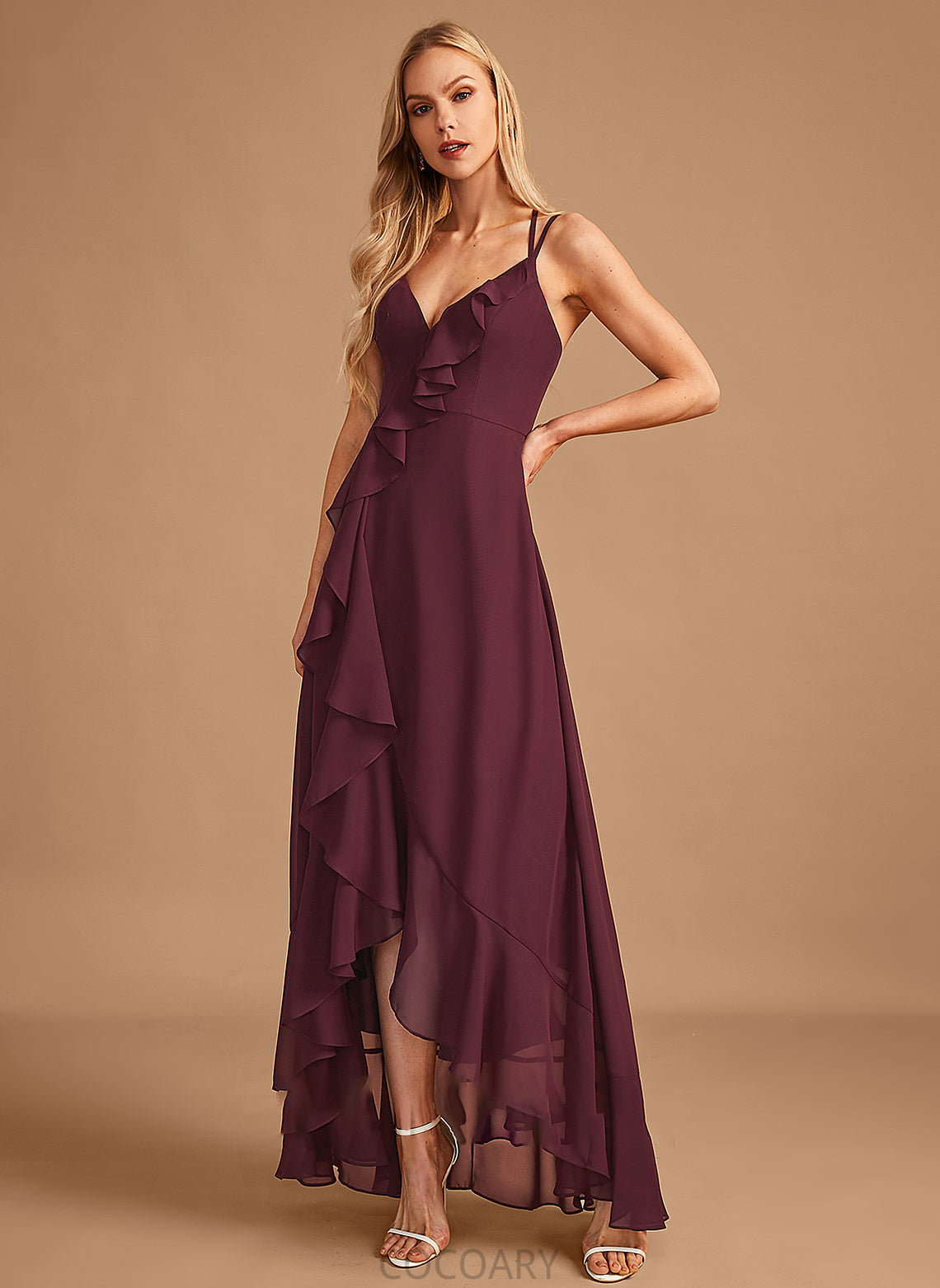 SplitFront Silhouette A-Line Asymmetrical Length Fabric Embellishment Ruffle Neckline V-neck Ashlee Natural Waist Bridesmaid Dresses