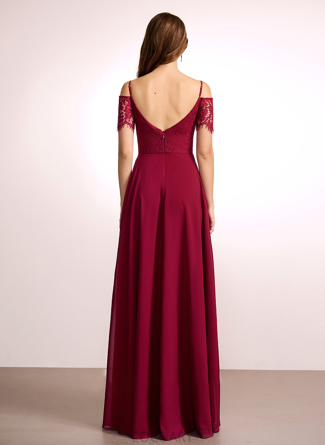 Silhouette V-neck A-Line Fabric Straps Floor-Length Length Neckline Lace Reagan Floor Length Sleeveless Bridesmaid Dresses