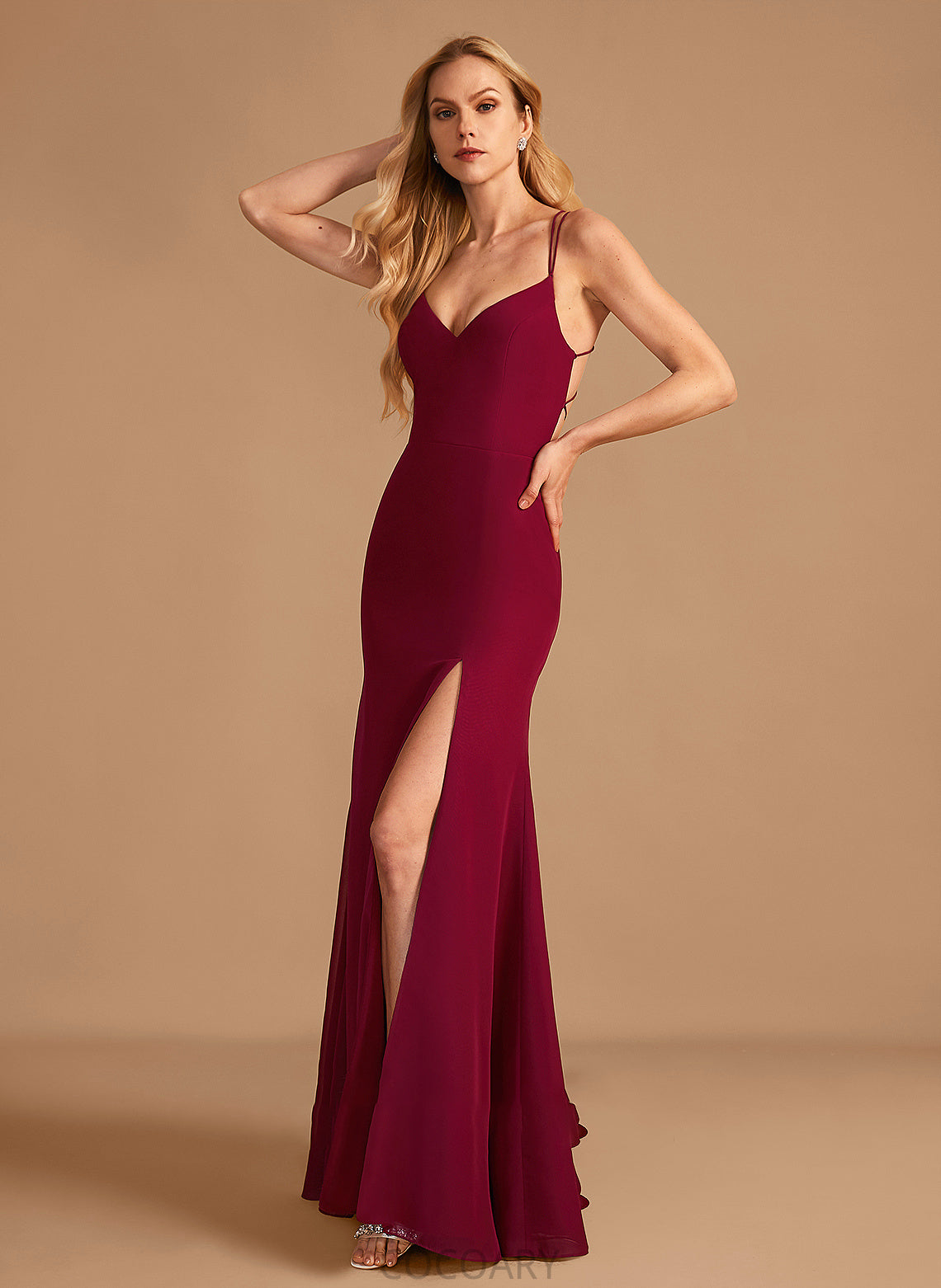 Floor-Length Length Silhouette Fabric Neckline Trumpet/Mermaid V-neck Embellishment SplitFront Carlie Short Sleeves Floor Length Bridesmaid Dresses